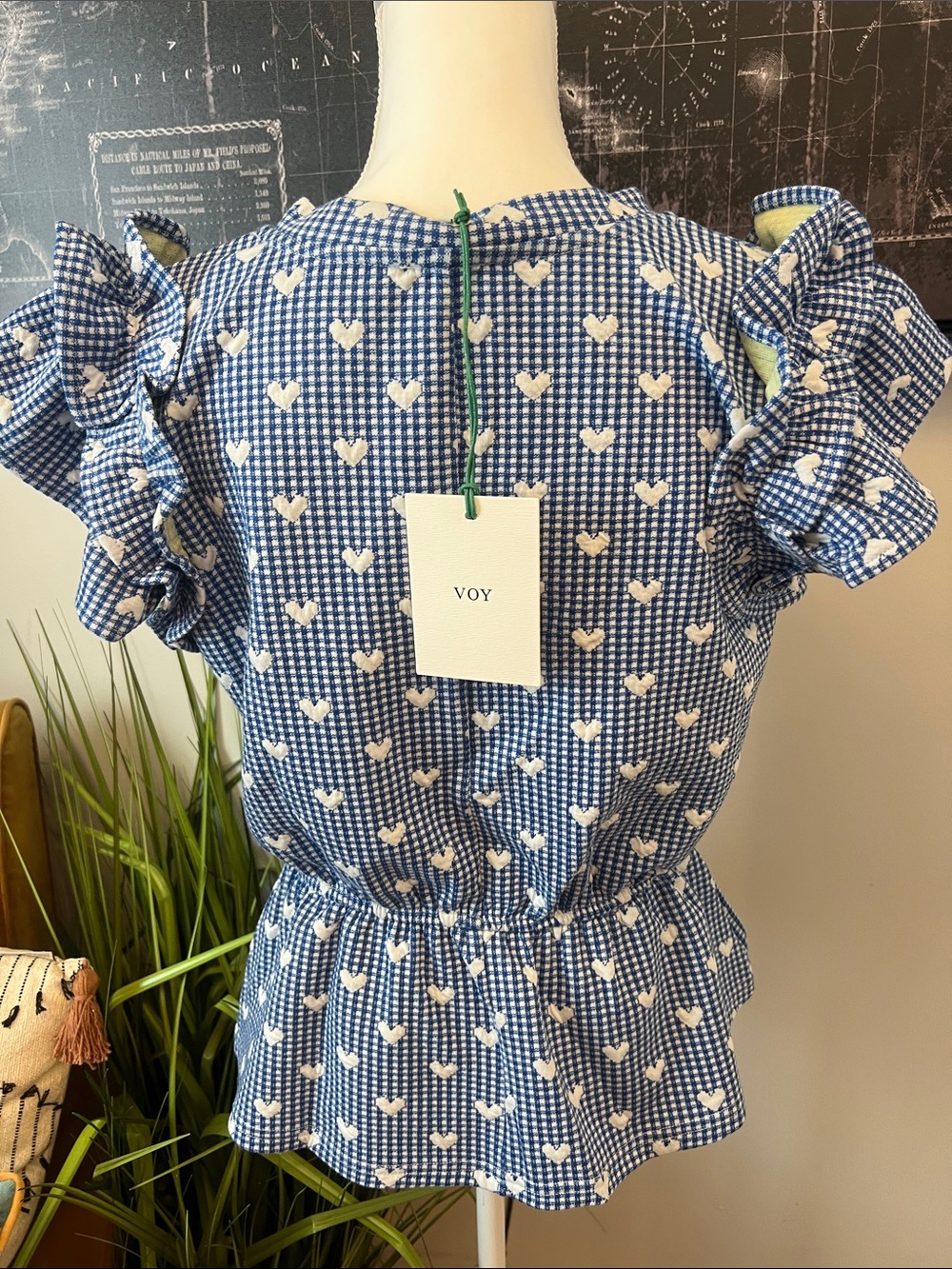 Blue Heart-Print Gingham Ruffle Sleeve Blouse - Picture 5 of 5